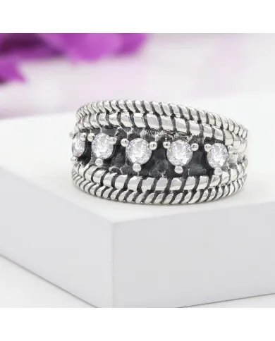 Swarovski Crystal Ring - 925 Sterling Silver Textured Band Jewelry