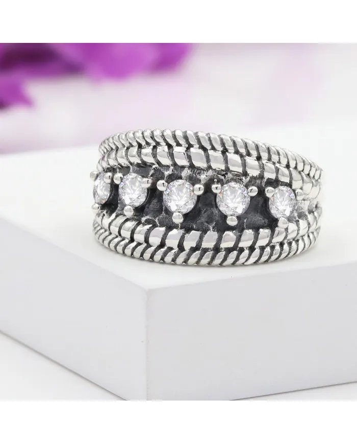Swarovski Crystal Ring - 925 Sterling Silver Textured Band Jewelry