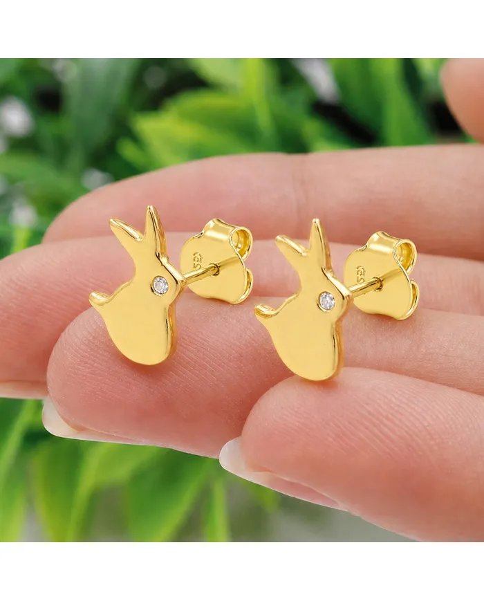 Gold Plated 925 Silver Rabbit Stud Earrings with Swarovski Crystal