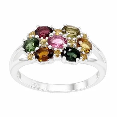 Multi Tourmaline & Citrine Cluster Ring in 925 Sterling Silver