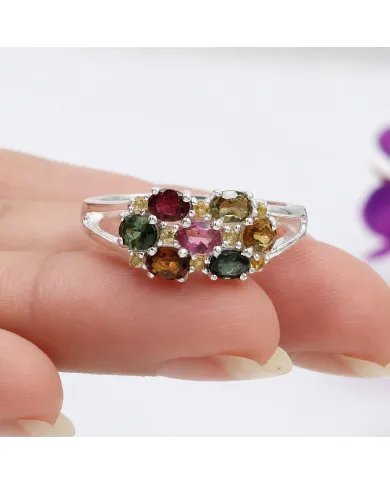 Multi Tourmaline & Citrine Cluster Ring in 925 Sterling Silver