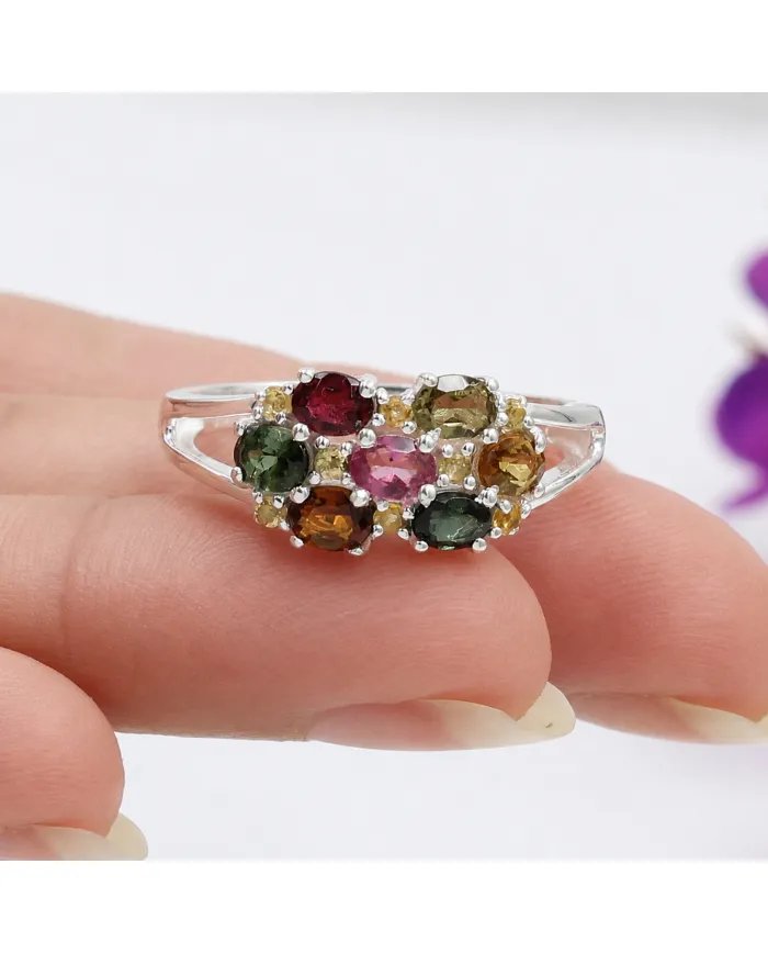 Multi Tourmaline & Citrine Cluster Ring in 925 Sterling Silver