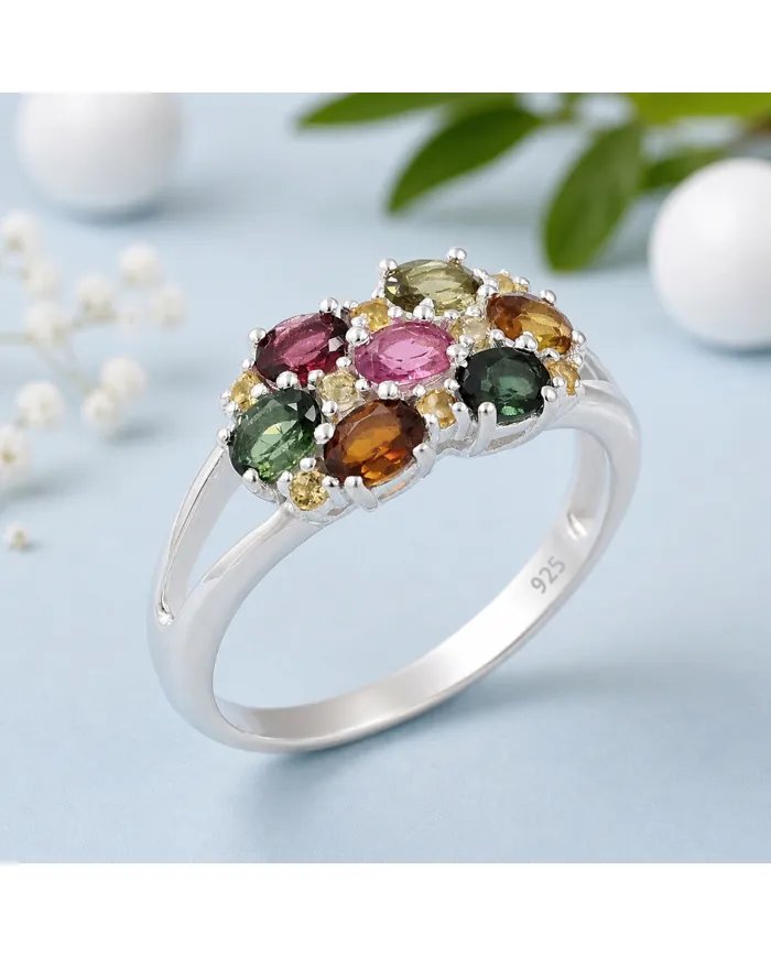 Multi Tourmaline & Citrine Cluster Ring in 925 Sterling Silver