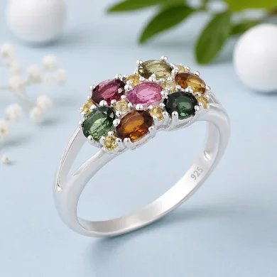 Multi Tourmaline & Citrine Cluster Ring in 925 Sterling Silver