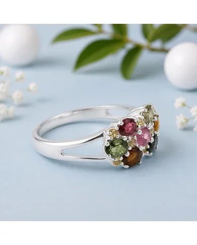 Multi Tourmaline & Citrine Cluster Ring in 925 Sterling Silver