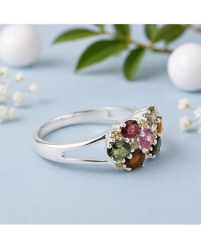 Multi Tourmaline & Citrine Cluster Ring in 925 Sterling Silver