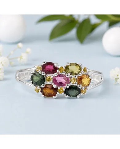 Multi Tourmaline & Citrine Cluster Ring in 925 Sterling Silver