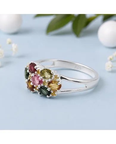 Multi Tourmaline & Citrine Cluster Ring in 925 Sterling Silver