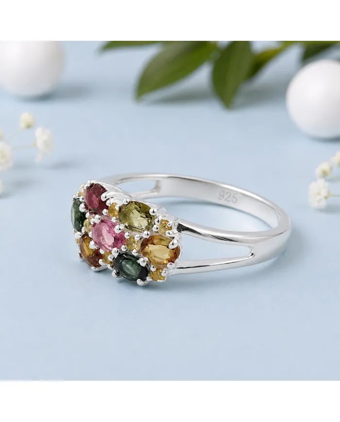 Multi Tourmaline & Citrine Cluster Ring in 925 Sterling Silver