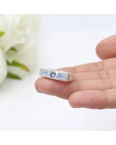 Swiss Blue Topaz & Moonstone Ring - 925 Sterling Silver Gift for Her