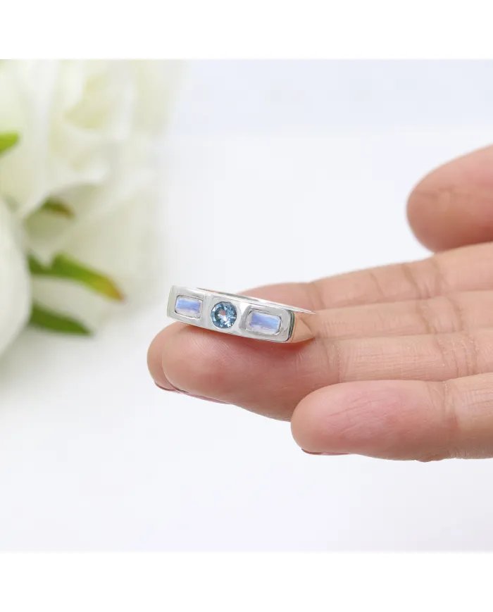 Swiss Blue Topaz & Moonstone Ring - 925 Sterling Silver Gift for Her
