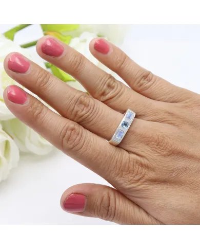 Swiss Blue Topaz & Moonstone Ring - 925 Sterling Silver Gift for Her