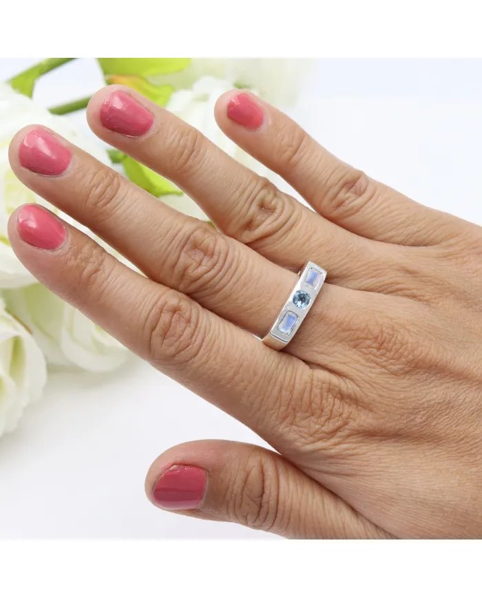 Swiss Blue Topaz & Moonstone Ring - 925 Sterling Silver Gift for Her