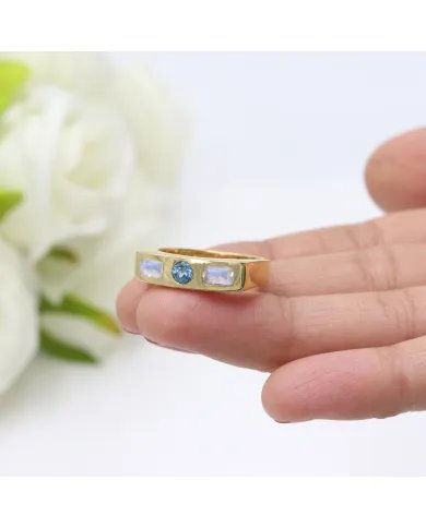 Swiss Blue Topaz & Moonstone Ring - Gold Plated 925 Silver Gift for Her