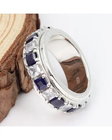 Blue Sapphire Spinner Ring with Swarovski Crystal – 925 Sterling Silver