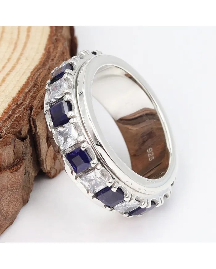 Blue Sapphire Spinner Ring with Swarovski Crystal – 925 Sterling Silver
