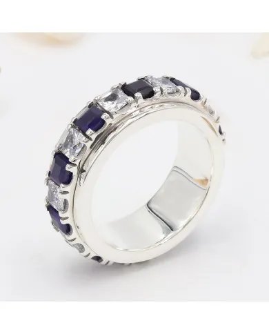 Blue Sapphire Spinner Ring with Swarovski Crystal – 925 Sterling Silver