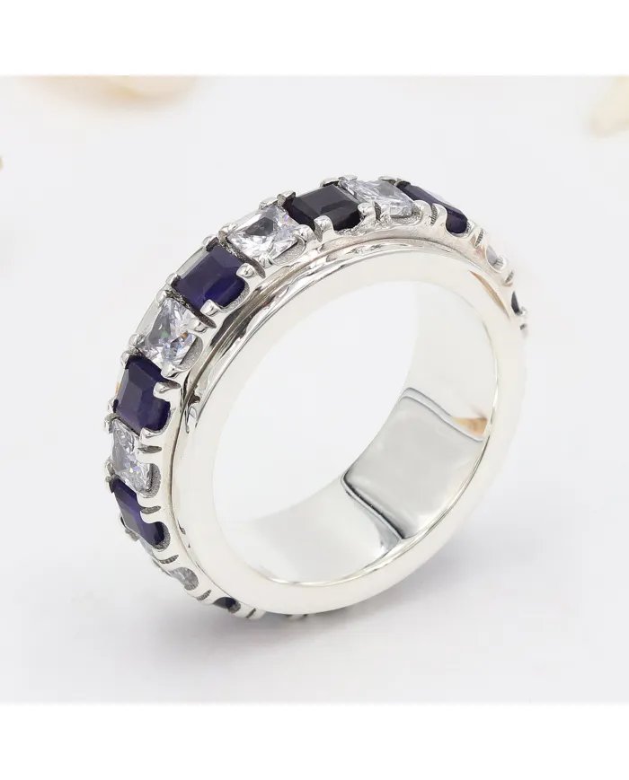Blue Sapphire Spinner Ring with Swarovski Crystal – 925 Sterling Silver