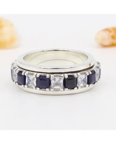 Blue Sapphire Spinner Ring with Swarovski Crystal – 925 Sterling Silver