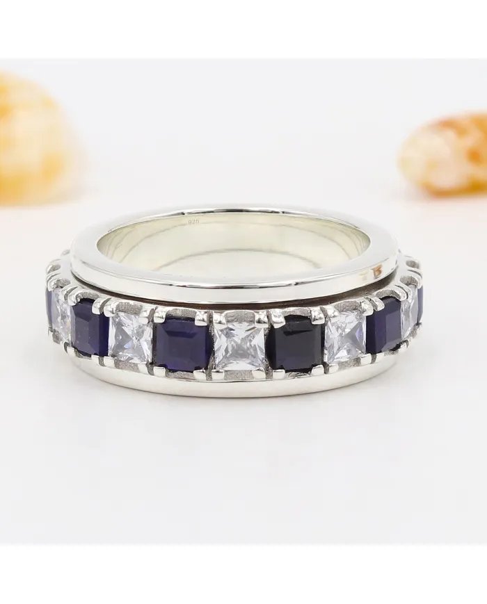 Blue Sapphire Spinner Ring with Swarovski Crystal – 925 Sterling Silver