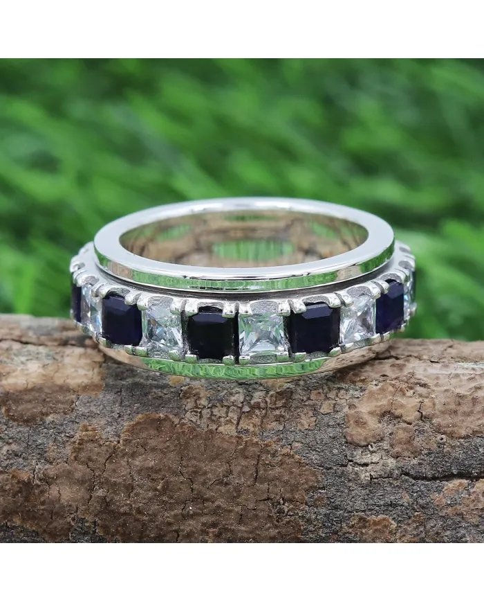 Blue Sapphire Spinner Ring with Swarovski Crystal – 925 Sterling Silver