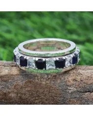 Blue Sapphire Spinner Ring with Swarovski Crystal – 925 Sterling Silver
