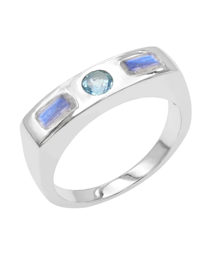 Swiss Blue Topaz & Moonstone Ring - 925 Sterling Silver Gift for Her