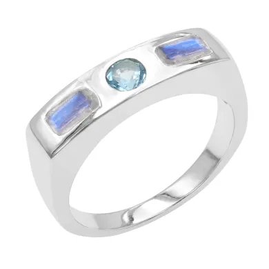 Swiss Blue Topaz & Moonstone Ring - 925 Sterling Silver Gift for Her
