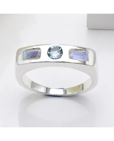 Swiss Blue Topaz & Moonstone Ring - 925 Sterling Silver Gift for Her