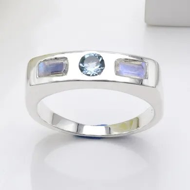 Swiss Blue Topaz & Moonstone Ring - 925 Sterling Silver Gift for Her