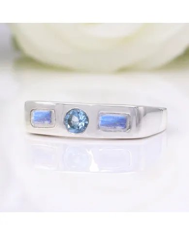 Swiss Blue Topaz & Moonstone Ring - 925 Sterling Silver Gift for Her