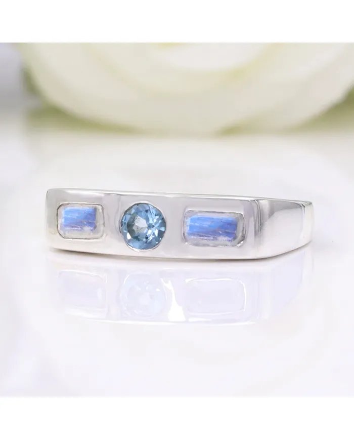 Swiss Blue Topaz & Moonstone Ring - 925 Sterling Silver Gift for Her