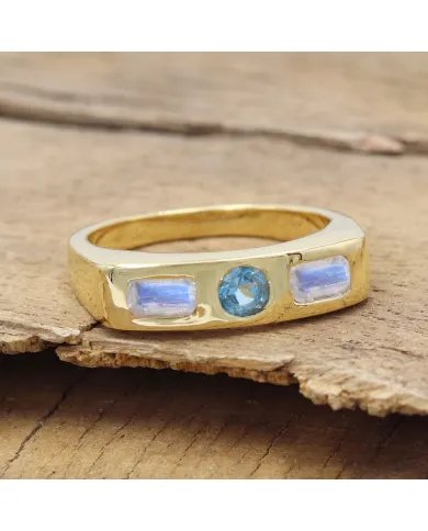 Swiss Blue Topaz & Moonstone Ring - 925 Sterling Silver Gift for Her