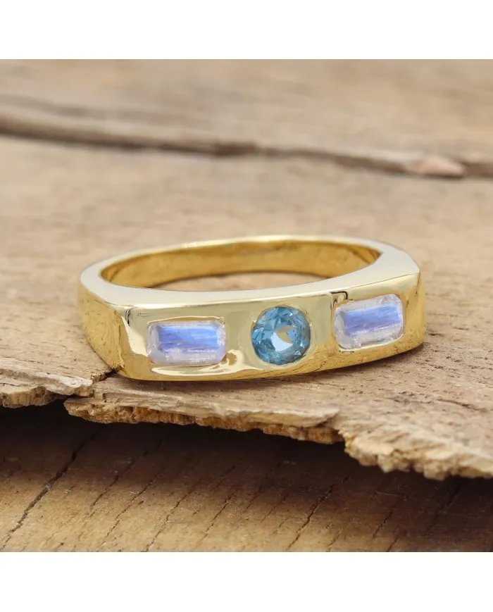 Swiss Blue Topaz & Moonstone Ring - 925 Sterling Silver Gift for Her