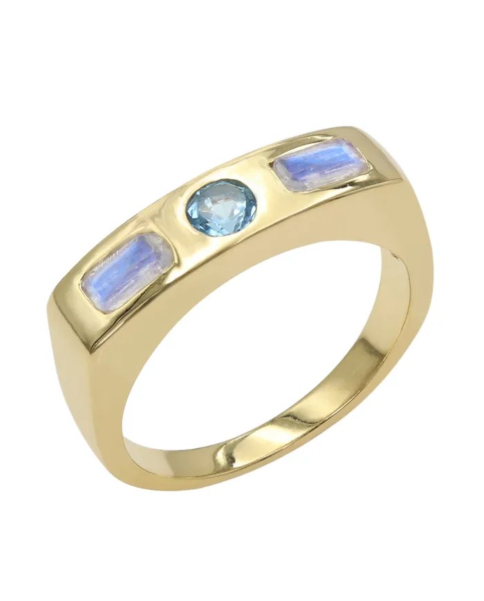 Swiss Blue Topaz & Moonstone Ring - Gold Plated 925 Silver Gift for Her