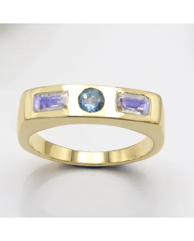 Swiss Blue Topaz & Moonstone Ring - Gold Plated 925 Silver Gift for Her
