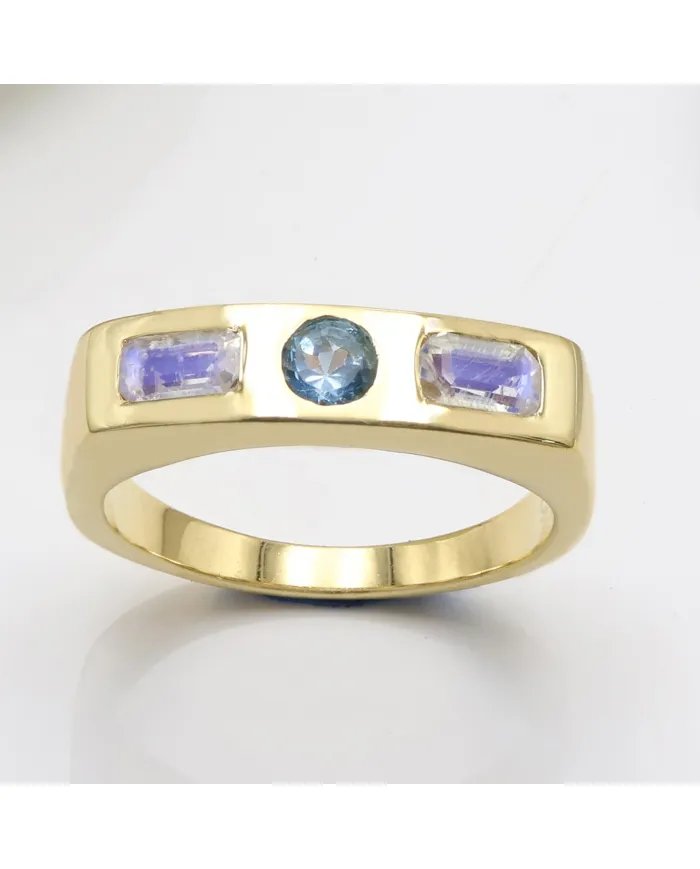 Swiss Blue Topaz & Moonstone Ring - Gold Plated 925 Silver Gift for Her