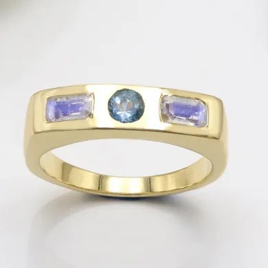 Swiss Blue Topaz & Moonstone Ring - Gold Plated 925 Silver Gift for Her