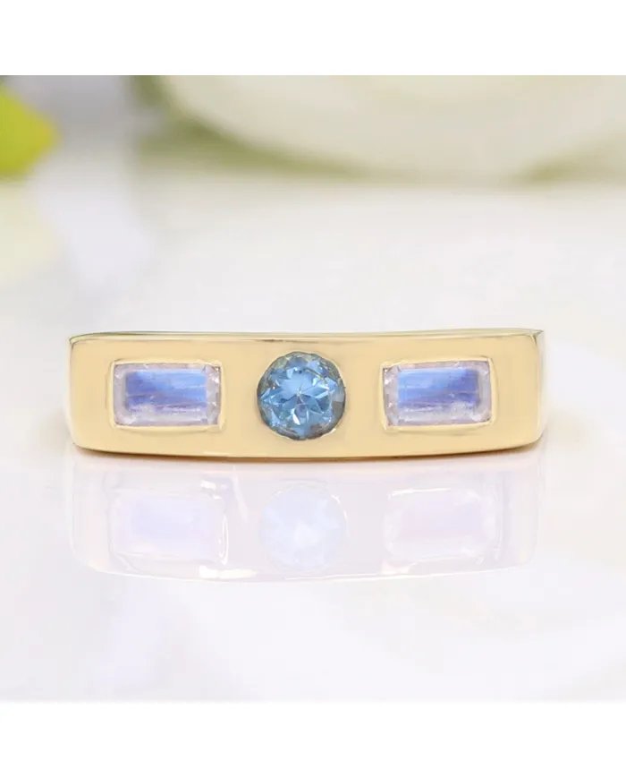 Swiss Blue Topaz & Moonstone Ring - Gold Plated 925 Silver Gift for Her