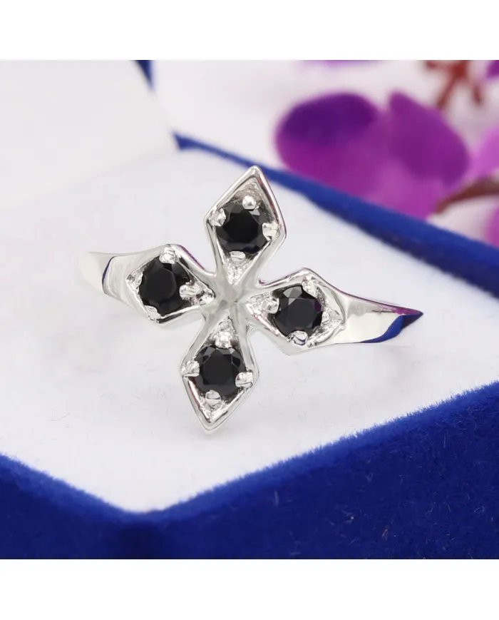 925 Sterling Silver Black Onyx Flower Ring – Handmade Design Band