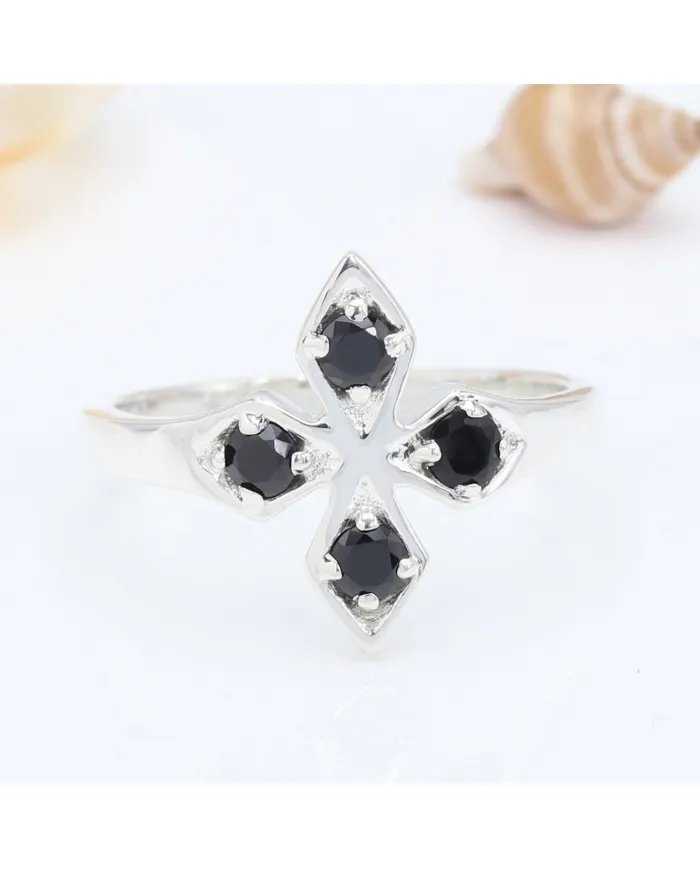 925 Sterling Silver Black Onyx Flower Ring – Handmade Design Band