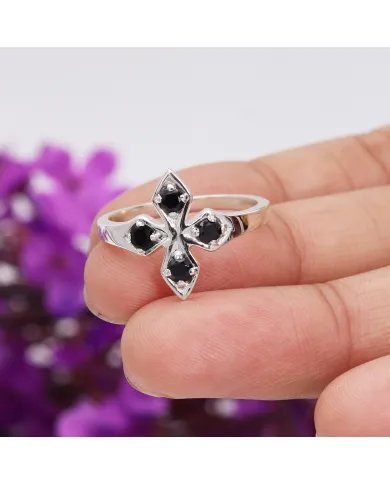 925 Sterling Silver Black Onyx Flower Ring – Handmade Design Band