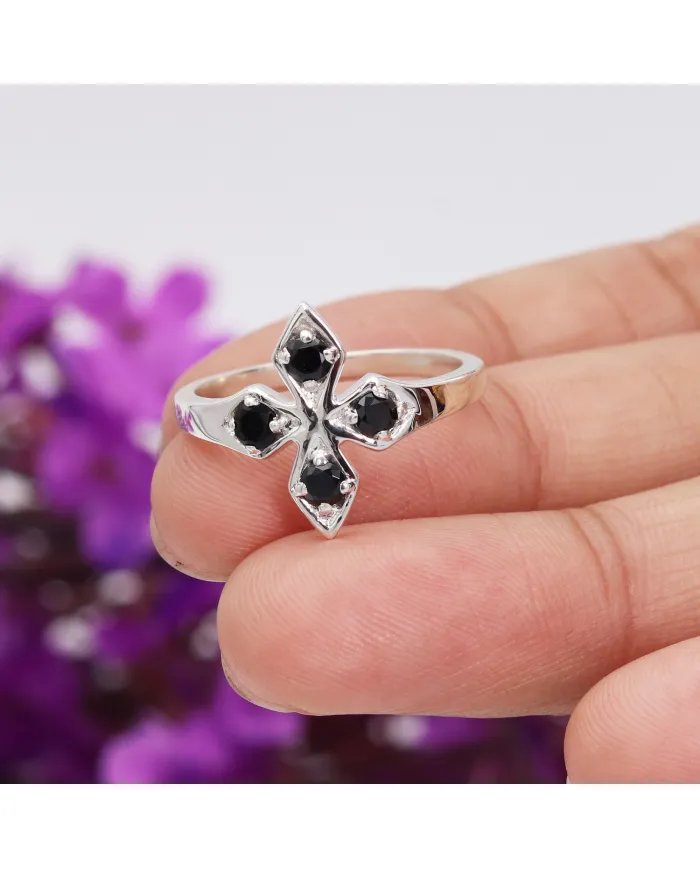 925 Sterling Silver Black Onyx Flower Ring – Handmade Design Band