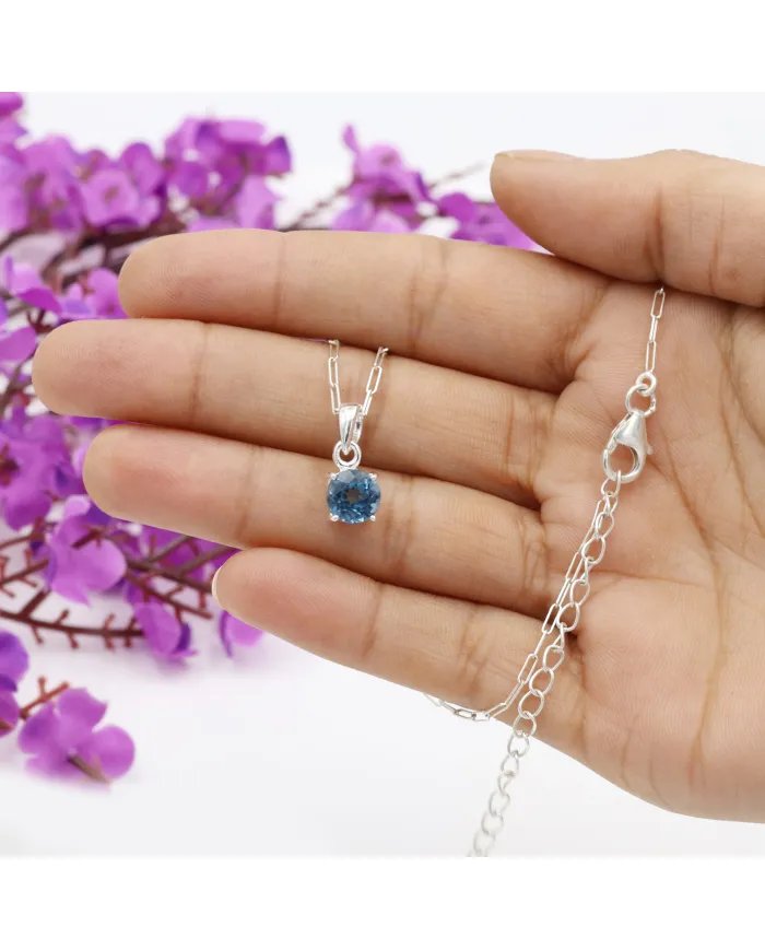 London Blue Topaz Sterling Silver Pendant Necklace - Handmade Gemstone Jewelry