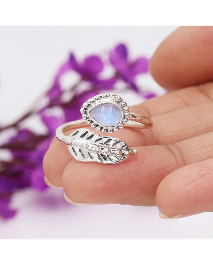 Moonstone Leaf Ring Adjustable Band 925 Sterling Silver Gift for Her