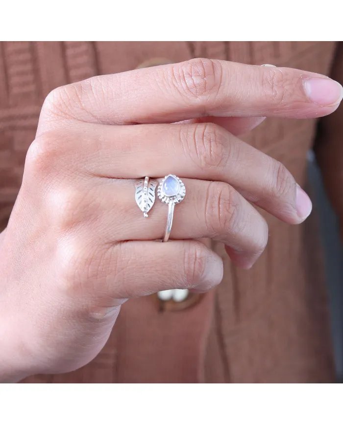 Moonstone Leaf Ring Adjustable Band 925 Sterling Silver Gift for Her