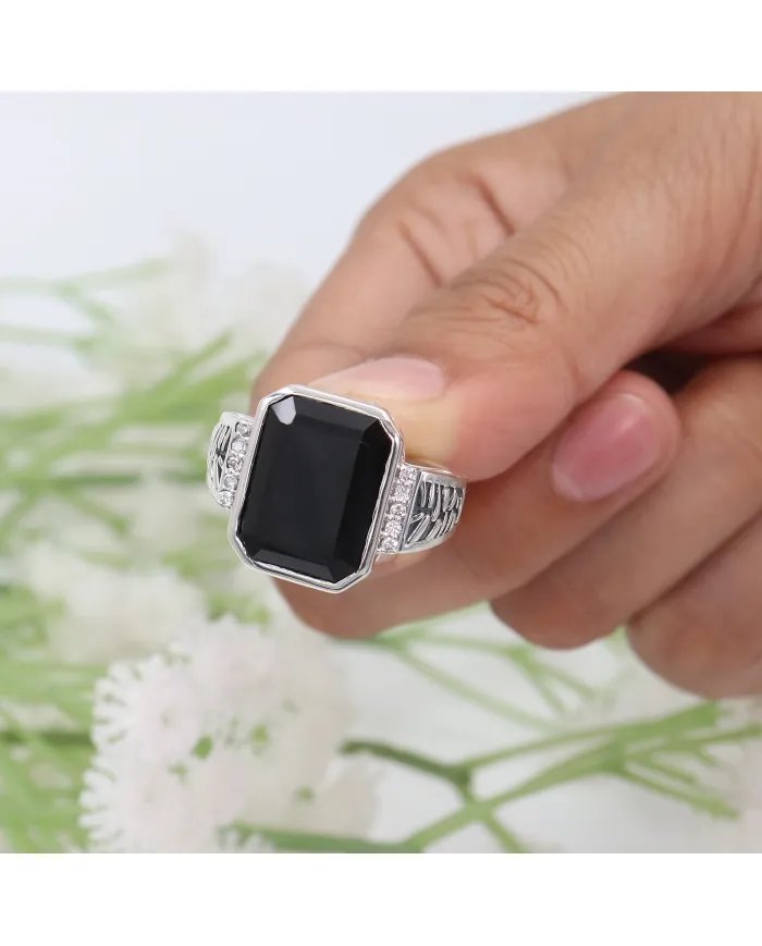 Black Onyx Ring in 925 Sterling Silver with Swarovski Crystal Accent