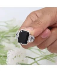 Black Onyx Ring in 925 Sterling Silver with Swarovski Crystal Accent
