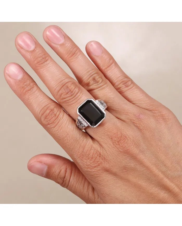 Black Onyx Ring in 925 Sterling Silver with Swarovski Crystal Accent