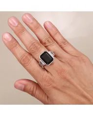 Black Onyx Ring in 925 Sterling Silver with Swarovski Crystal Accent